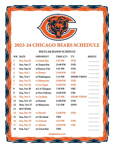 Chicago Bears Printable Schedule